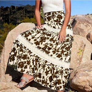 Boston proper Chocolate Brown floral maxi skirt with lace